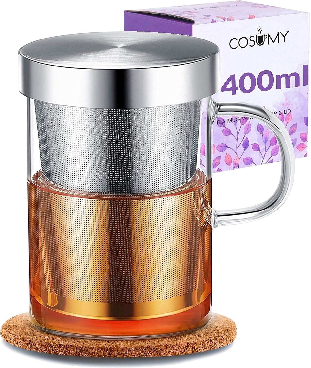 Cosumy Teetasse mit Sieb und Deckel - inkl. Untersetzer - Borosilikat Glas - Tasse 400ml Groß