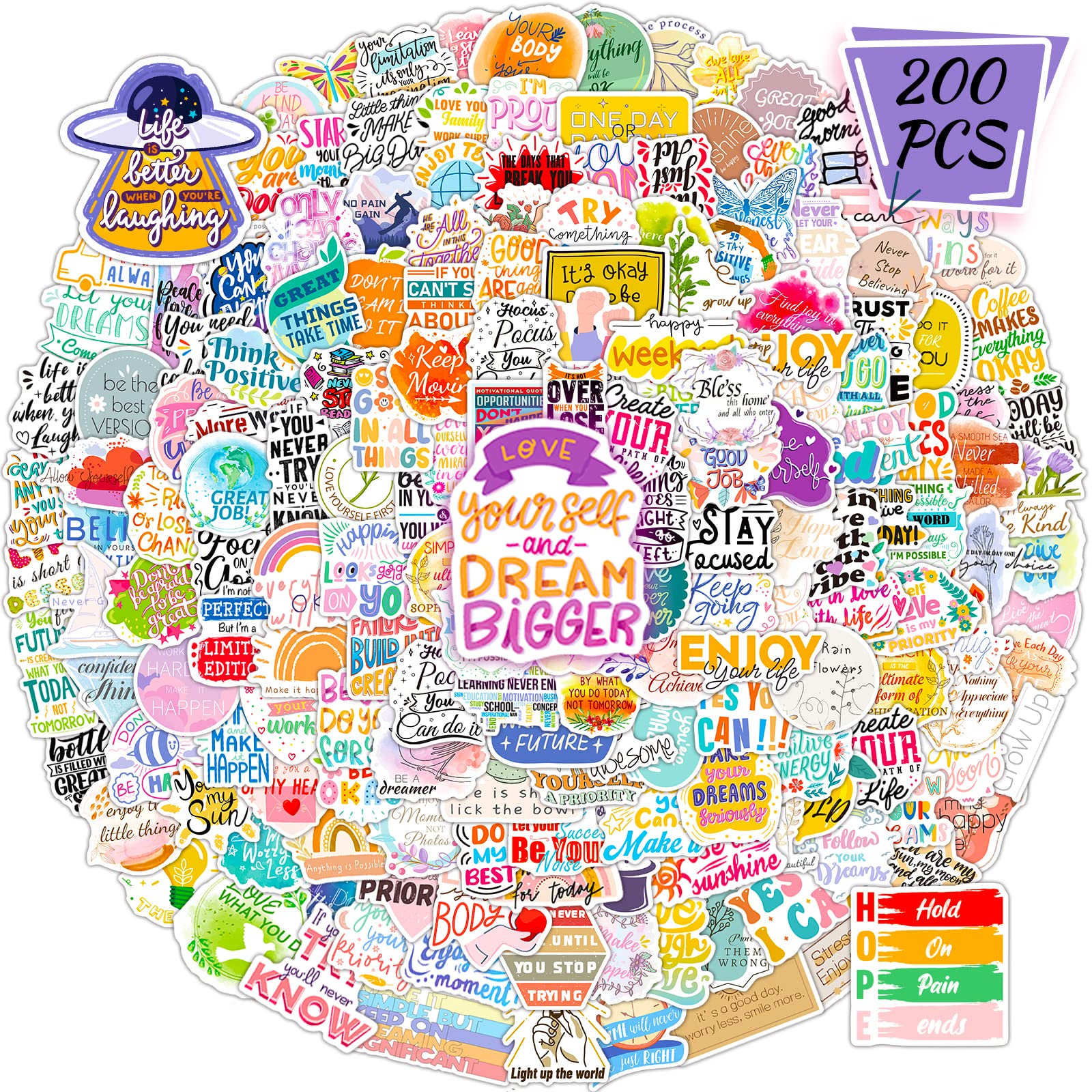200PCS Motivational Stickers for Adults, Inspirational Water Bottle Stickers for Kids Teachers, Positives Scrapbook Sticker for Journaling Vision Board Waterproof Vinyl Decals for Helmet