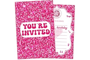 VIVORA Pink Glitter Birthday Invitation Card for Girls, Let's Go Party Birthday Invites, 30 Cards & 30 Envelopes, 4x6 Inches, Double-Sided
