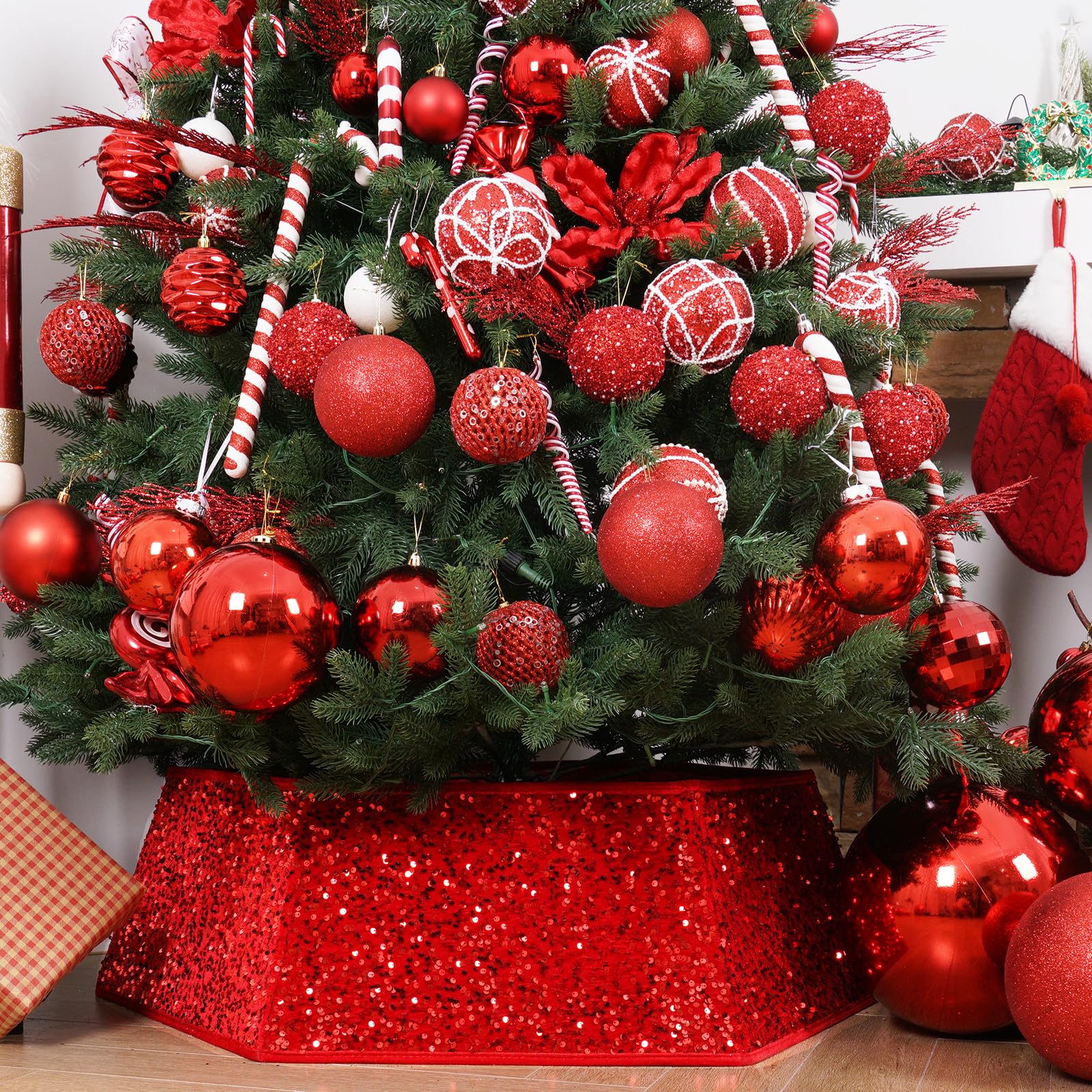 Photo 1 of Red Christmas Tree Collar with Sparkling Sequins,Christmas Tree Collars for Atificial Trees, 33.5 Inch Christmas Tree Skirt, Xmas Tree Stand Base Cover,Holiday Home Decor Tree Ring(Large)