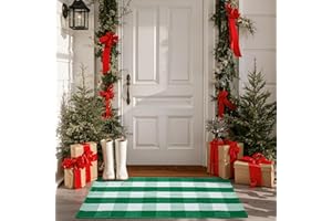 joybest Buffalo Plaid Doormats Rug 27.5 x 43 Inches Green and White Checkered Rug Cotton Hand-Woven Front Doormat Outdoor or Indoor Rugs for Front Porch, Farmhouse, Entryway