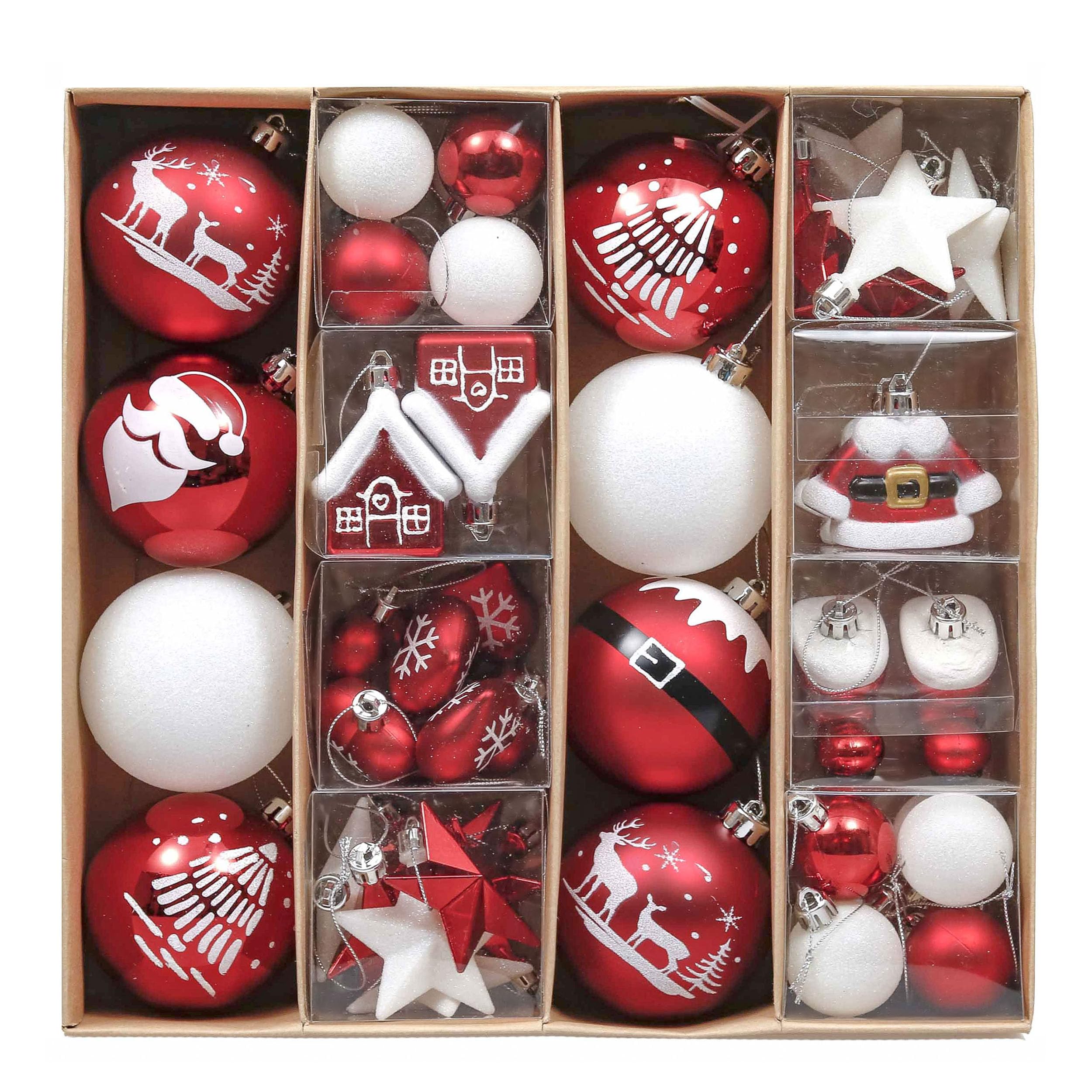 Valery Madelyn 50pcs Christmas Baubles, 3-8cm Traditional Red and White Shatterproof Ball Ornaments Decoration for Christmas Tree Decor