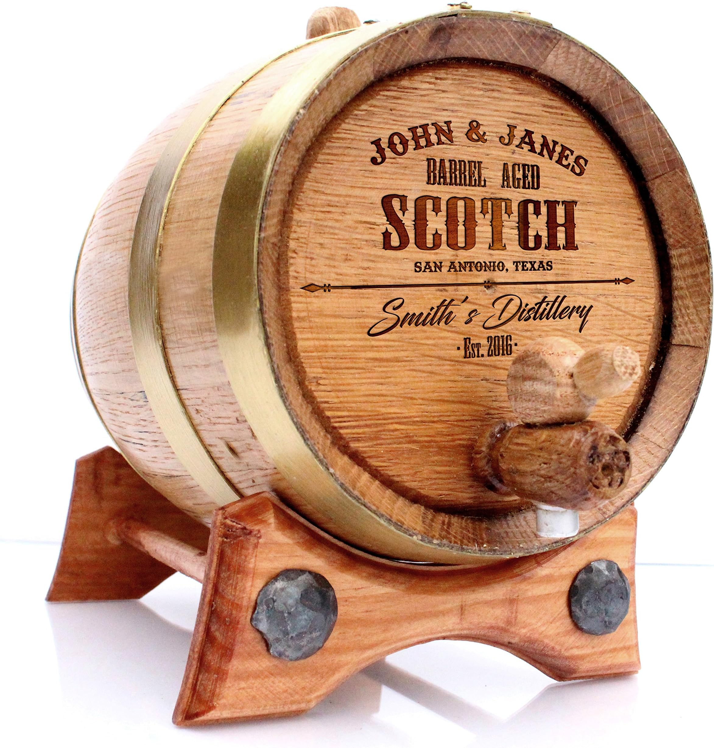 5 Liter Custom Engraved Scotch Golden Oak Barrel - Brass Hoops | 30 page Guide | No Leaks Guarantee