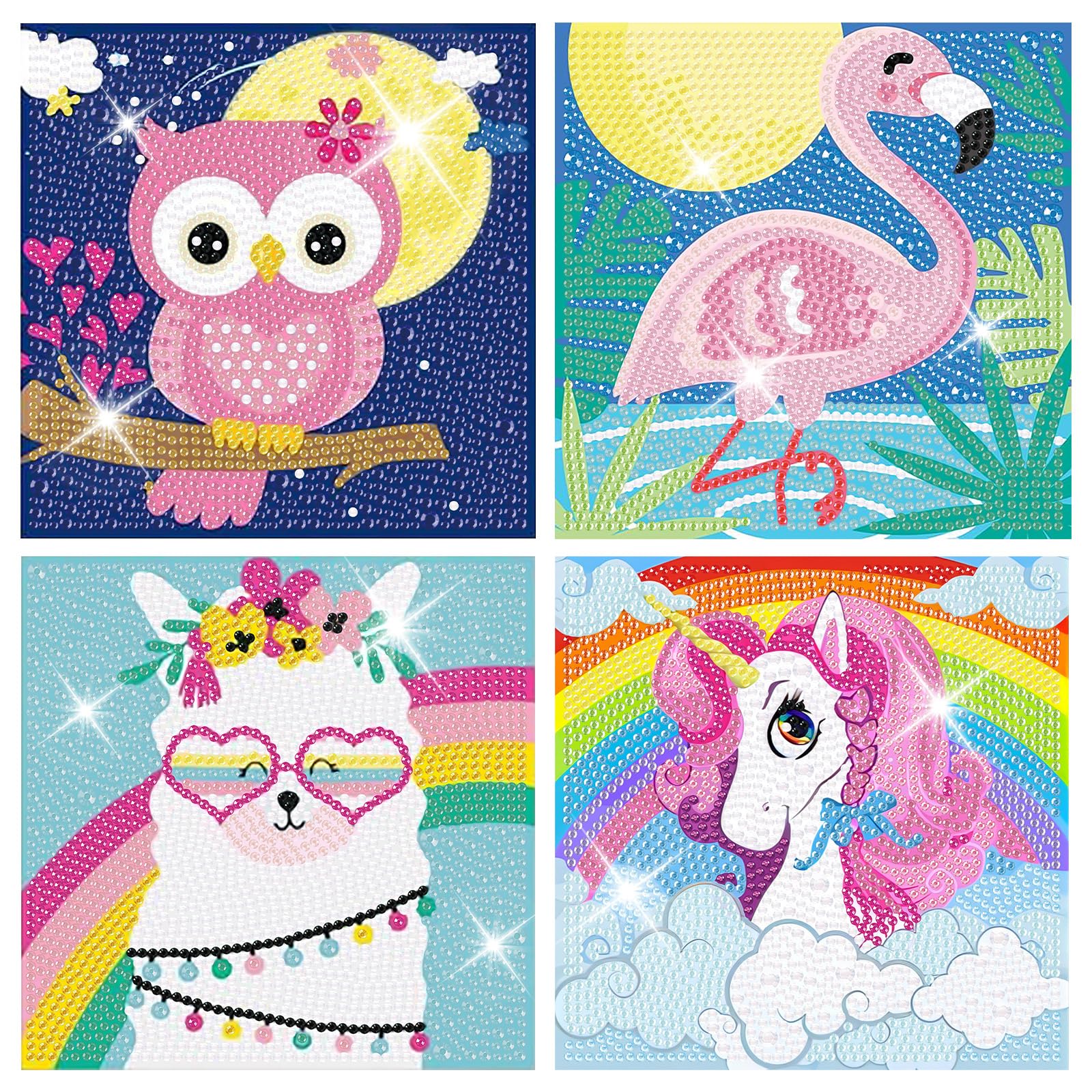 TLIOBLO 4 Pack Cartoon Diamond Painting Kits for Kids, Animals Diamond Arts Mosaic Kits for Adults Beginner, DIY Full Drill Diamond Dots Craft Arts for Home Wall Decor 15X15cm
