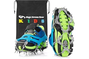 HIGH STREAM GEAR Kids Ice Cleats - Snow Crampons for Hiking Boots & Shoes with 14 Stainless Steel Spikes