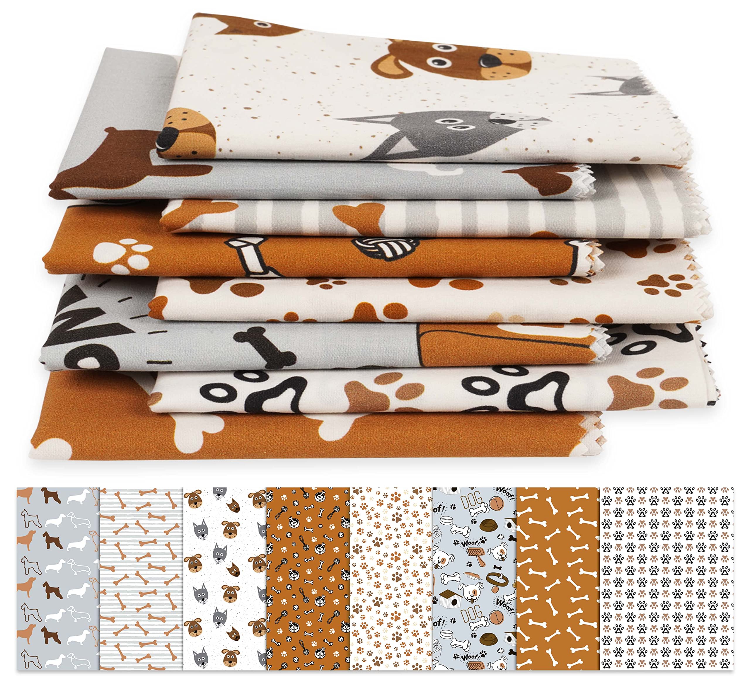 Soimoi 8 Pc Fat Quarter Bundle-Dog Print 18"x 22" DIY Patchwork-100% Cotton Pre-Cut Quilting Fabric Gray-White-Brown