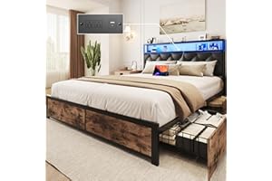 Lifezone Queen Bed Frame with 2-Tier Storage Faux Leather Headboard, Metal Platform Bed with 4 Storage Drawers, Built-in Charging Station & LED, Noise-Free/No Box Spring Needed, Black Diamond
