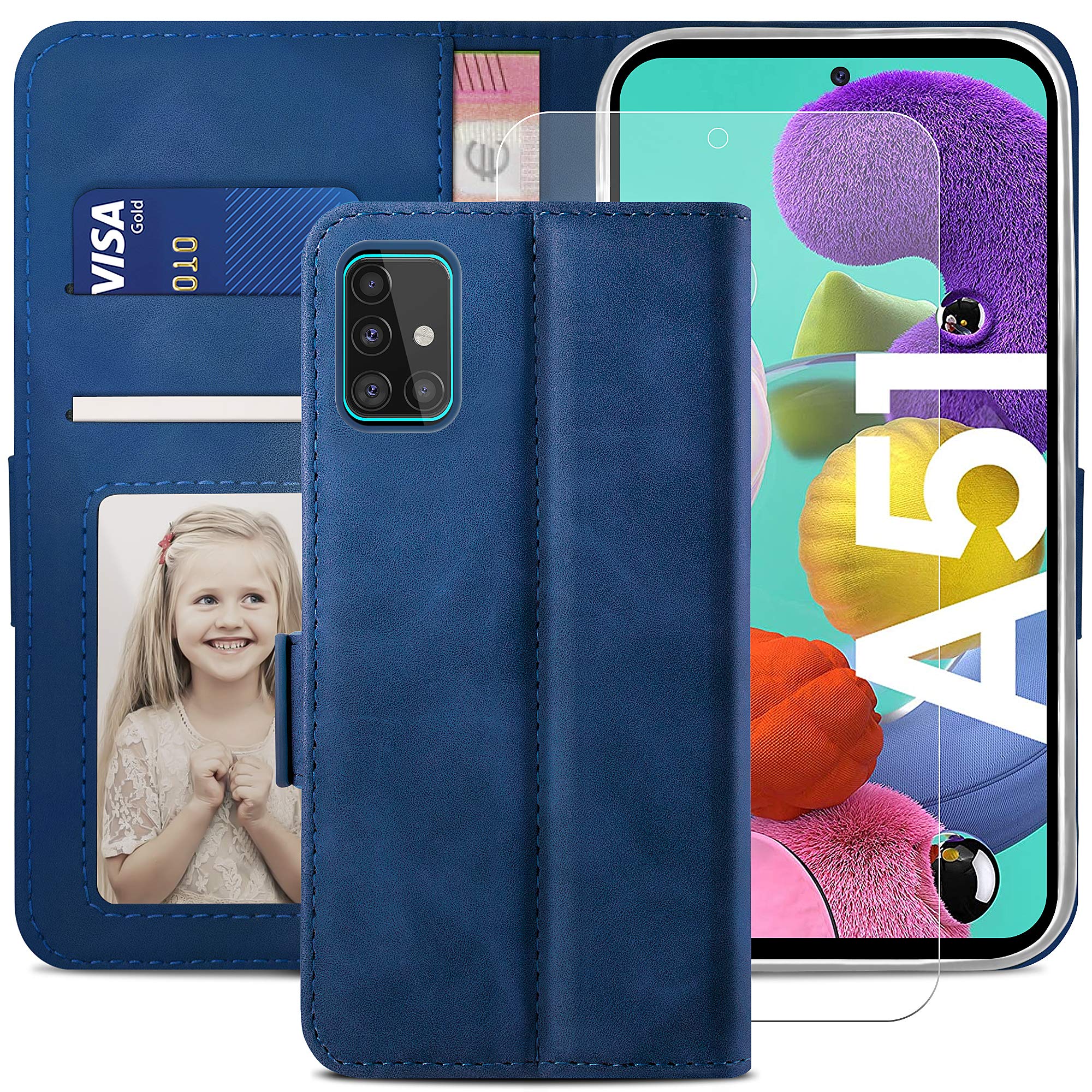 YATWIN Compatible with Samsung Galaxy A51 Case, Flip Wallet Leather Case with Tempered Glass Screen Protector and Card Slot Kickstand Phone Cases Cover for Samsung A51 - Blue โ image 1