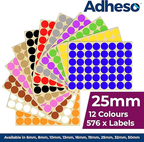 Adheso Pack of 12 Sheets of 25mm 1 Inch Round Coloured Easy Peel Self