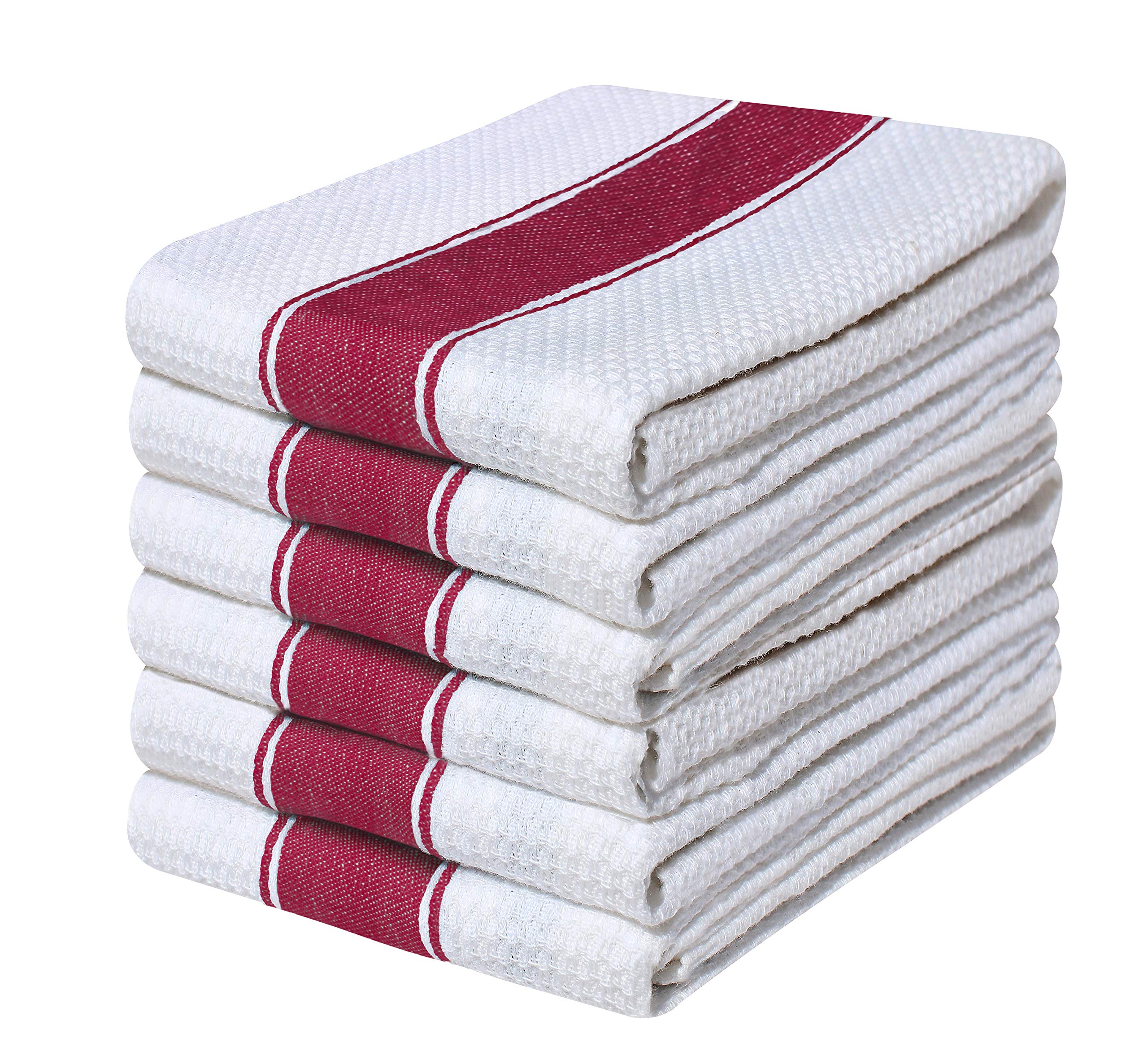 QCS | Pack of 12 Large Honey Comb Weave Tea Towel Set |100% Combed Ring Spun Cotton | Kitchen Dish Cloth | Super Absorbent | Stripe Design Premium Construction | 70cm X 45 cm | (red)