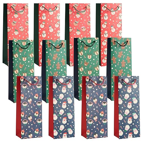THE TWIDDLERS - 12 Christmas Wine Gift Bags with Sturdy Rope Handles with Assorted Festive Xmas Designs, Gift Bottle Bags, 1 of Each Design, Festive Xmas Wine Bottle Bag - 35 x 13cm