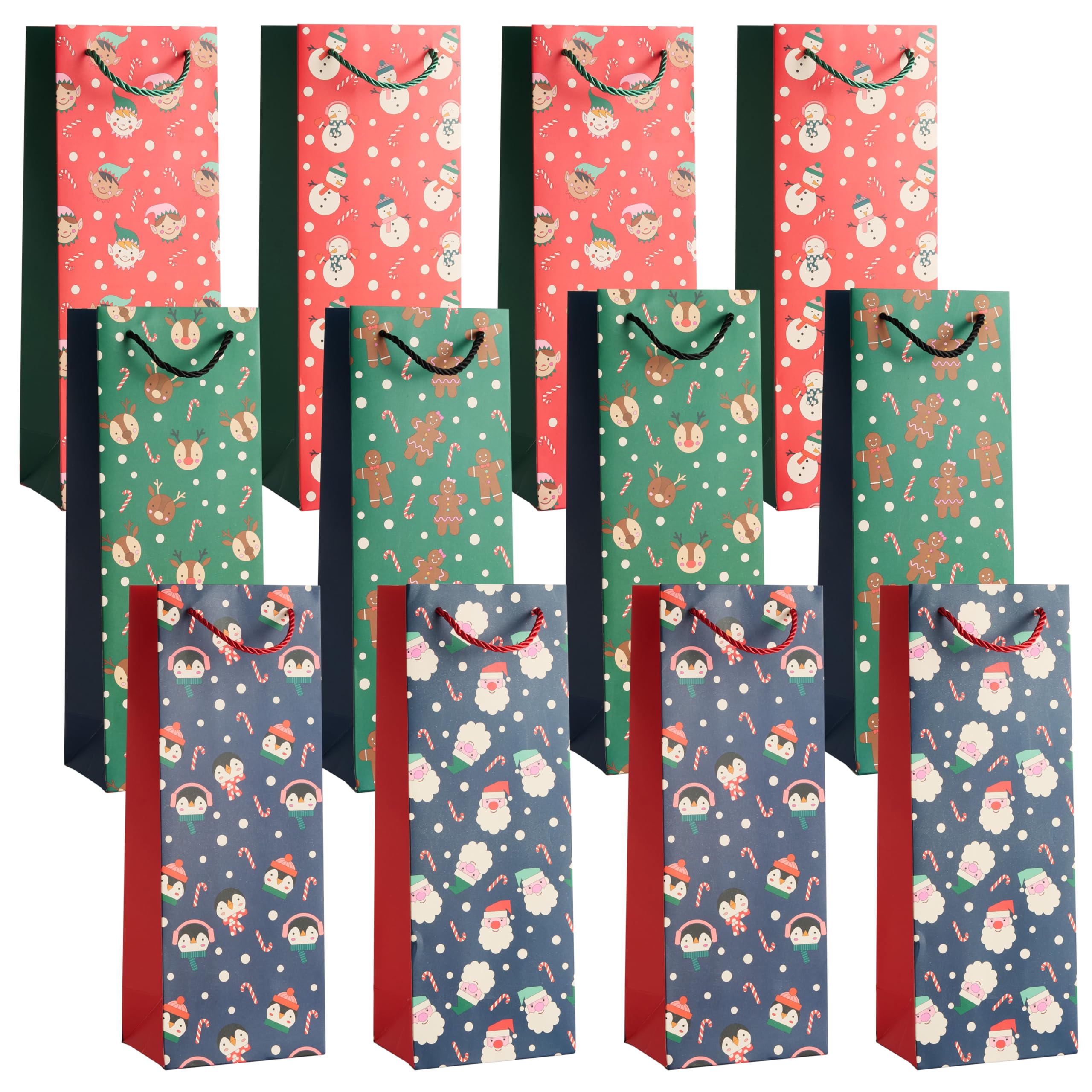 THE TWIDDLERS 12 Christmas Wine Gift Bags with Sturdy Rope Handles with Assorted Festive Xmas Designs, 1 of Each Design, Festive Wine Bottle Bag - 35 x 13cm