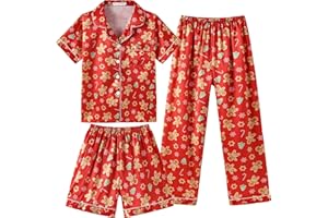 Vopmocld Satin Pajama Sets Unisex Boys and Girls Silk Button Down Short Sleeve & Shorts & Pants Sleepwear 3PCS Loungewear PJS