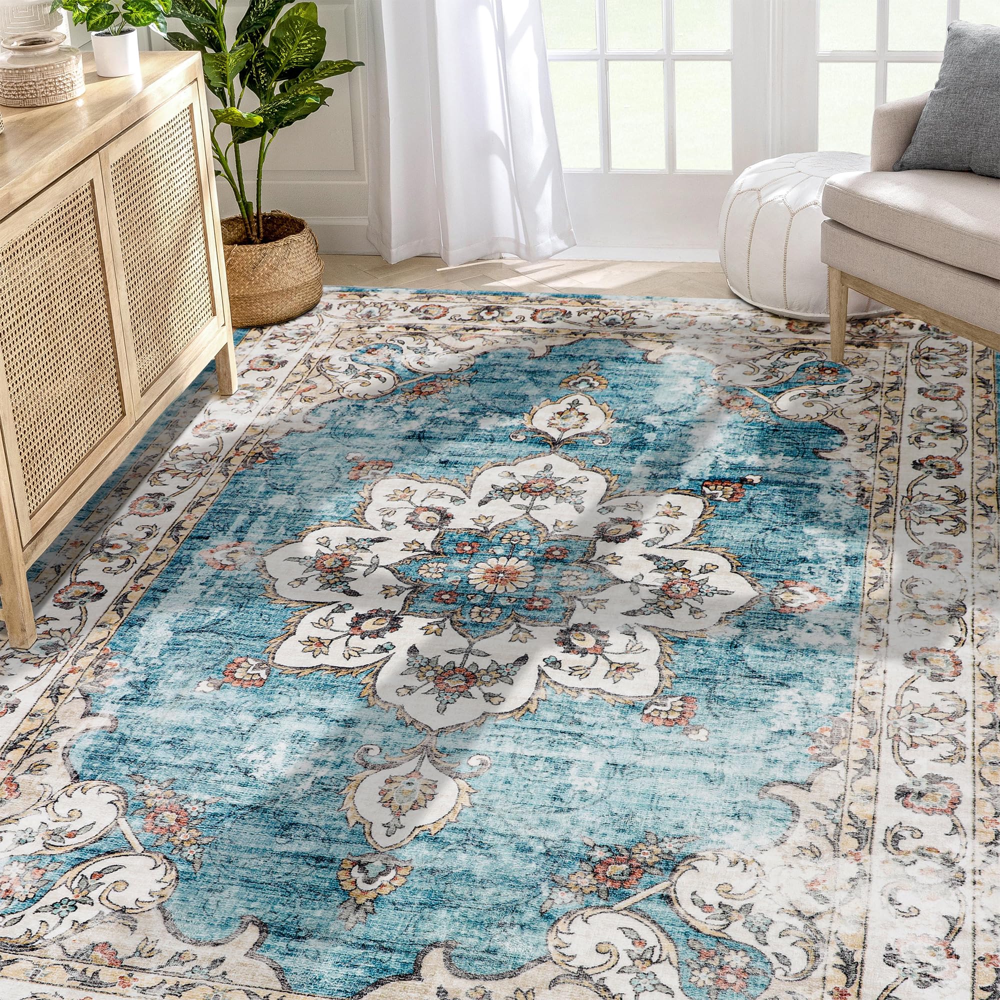 Photo 1 of Mcadore Machine Washable Rug 5x7 Area Rugs for Living Room Boho Vintage Design Rug for Bedroom, Kitchen, Soft Non-Slip Indoor Rug, Denim Blue/Taupe-Print Design