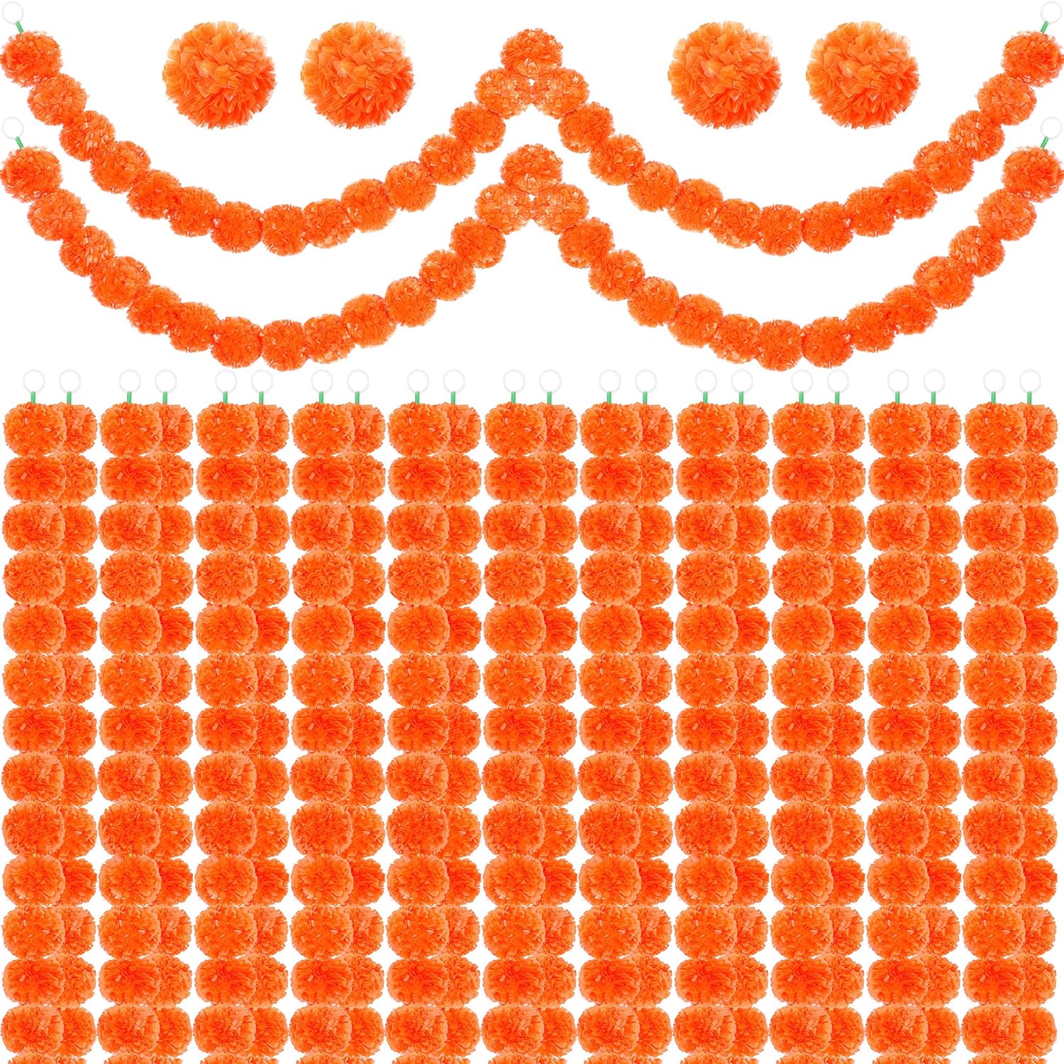 Wreaths, Garlands & Swags - Elcoho 11 Pieces Marigold Garlands 5 Feet Each Faux Garland Wedding Garland Artificial Marigold Flowers Garland Bulk for Indian Diwali Decoration, Día de Los Muertos Decoration (Orange)