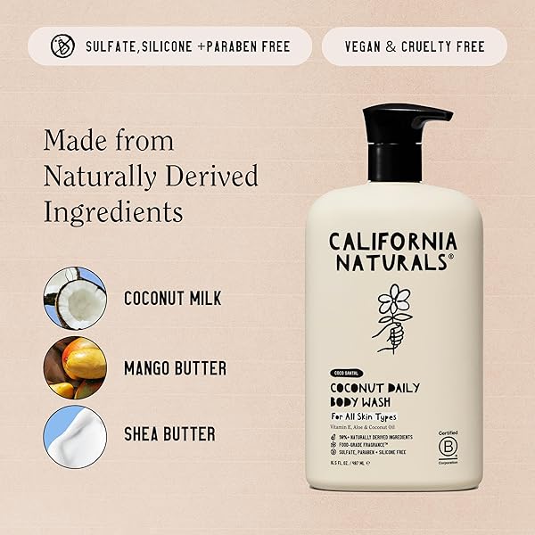 CALIFORNIA NATURALS BODY WASH FOR WOMEN AND MEN, VITAMIN E SHOWER GEL CLEANSER, NATURAL, VEGAN & CRUELTY FREE, PARABEN & SULFATE FREE, MOISTURIZING SKIN, COCONUT, ALL SKIN TYPES, 16.5 FL OZ