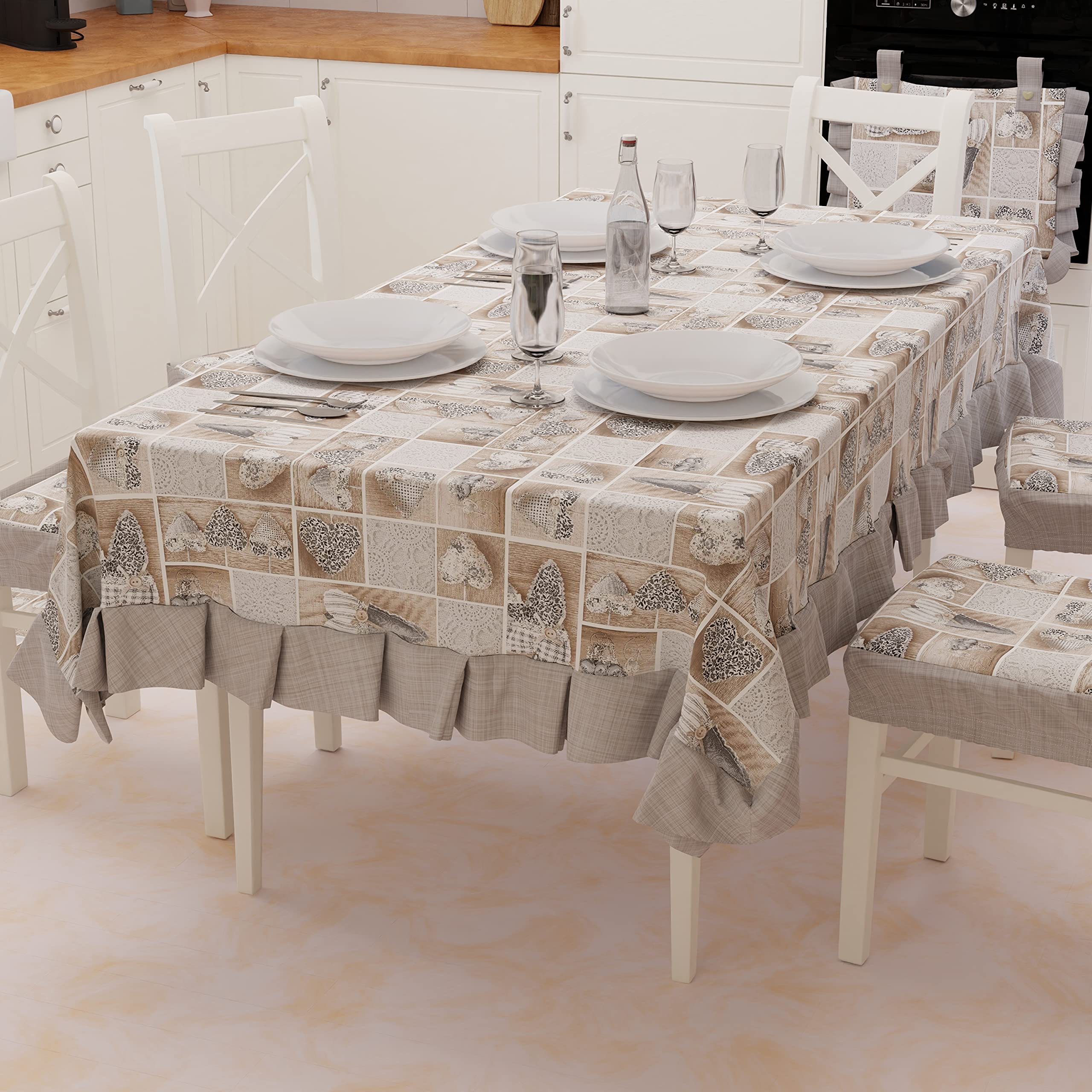 PETTI Artigiani Italiani - Tablecloth, Plastic Table Cover with Ruffles, Table Cover, Waterproof Outdoor Table Cover in Cotton Lidia Design Black X12 Seats (140 x 240 cm) 100% Made in Italy