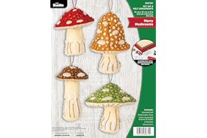 Bucilla Felt Applique 4 Piece Ornament Making Kit, Merry Mushrooms, Perfect for DIY Arts and Crafts, 89670E