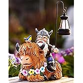 Garden Gnome Outdoor Statue Highland Cow Fall Gnomes Christmas Decorations for Yard Patio Lawn Porch Birthday Gifts for Women Men , Mother’s Day, Housewarming with Solar Light Gnome Decor for Outside