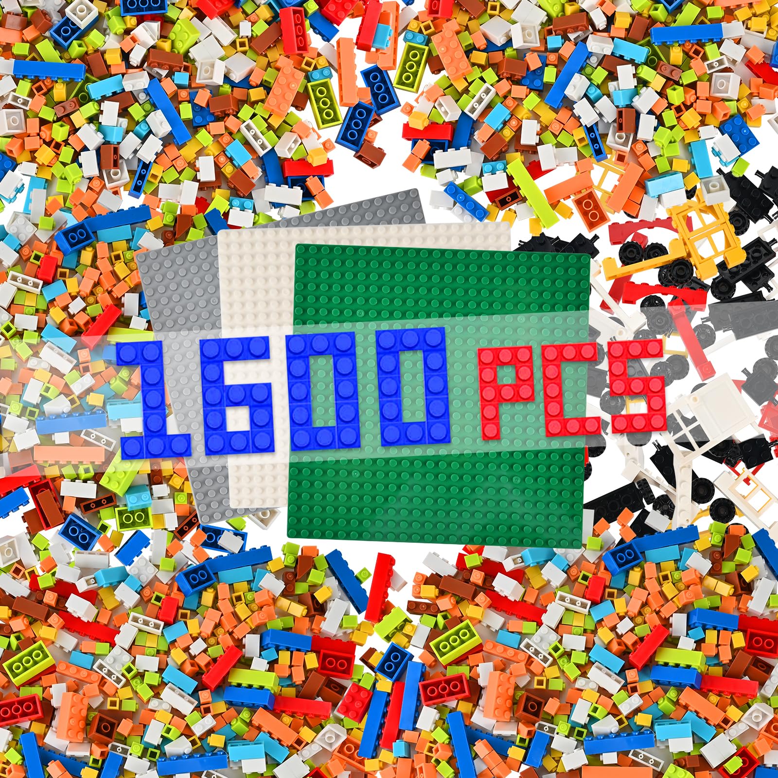 Photo 1 of 1600 PCS Building Bricks Set, Classic Bulk Building Blocks Compatible with All Major Brands, Includes 3 Baseplates, 53 Wheels Doors Windows Accessories, Creative STEM Construction Toy Gift for Kids