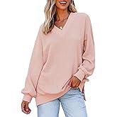 Dokotoo Women's V Neck Long Sleeve Waffle Knit Tops Off Shoulder Oversized Pullover Sweater
