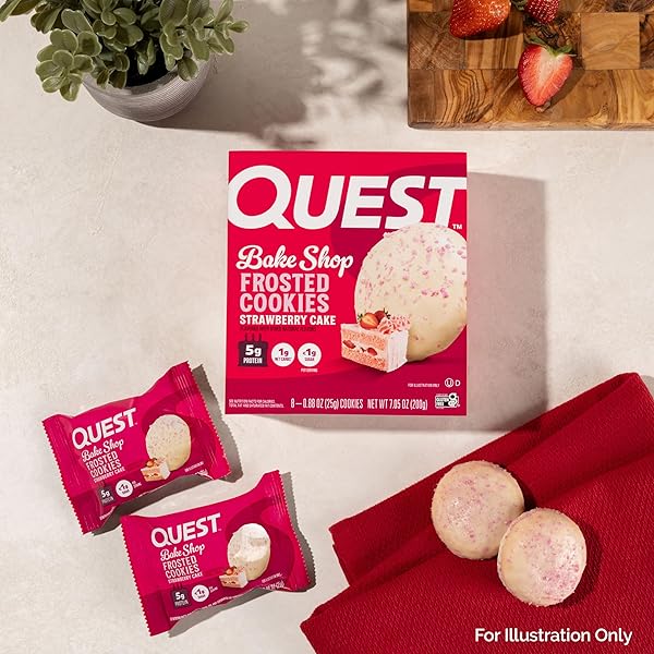 QUEST NUTRITION FROSTED PROTEIN COOKIES, STRAWBERRY CAKE, 1G SUGAR, 11G PROTEIN, 2G NET CARBS, GLUTEN FREE, 8 COUNT