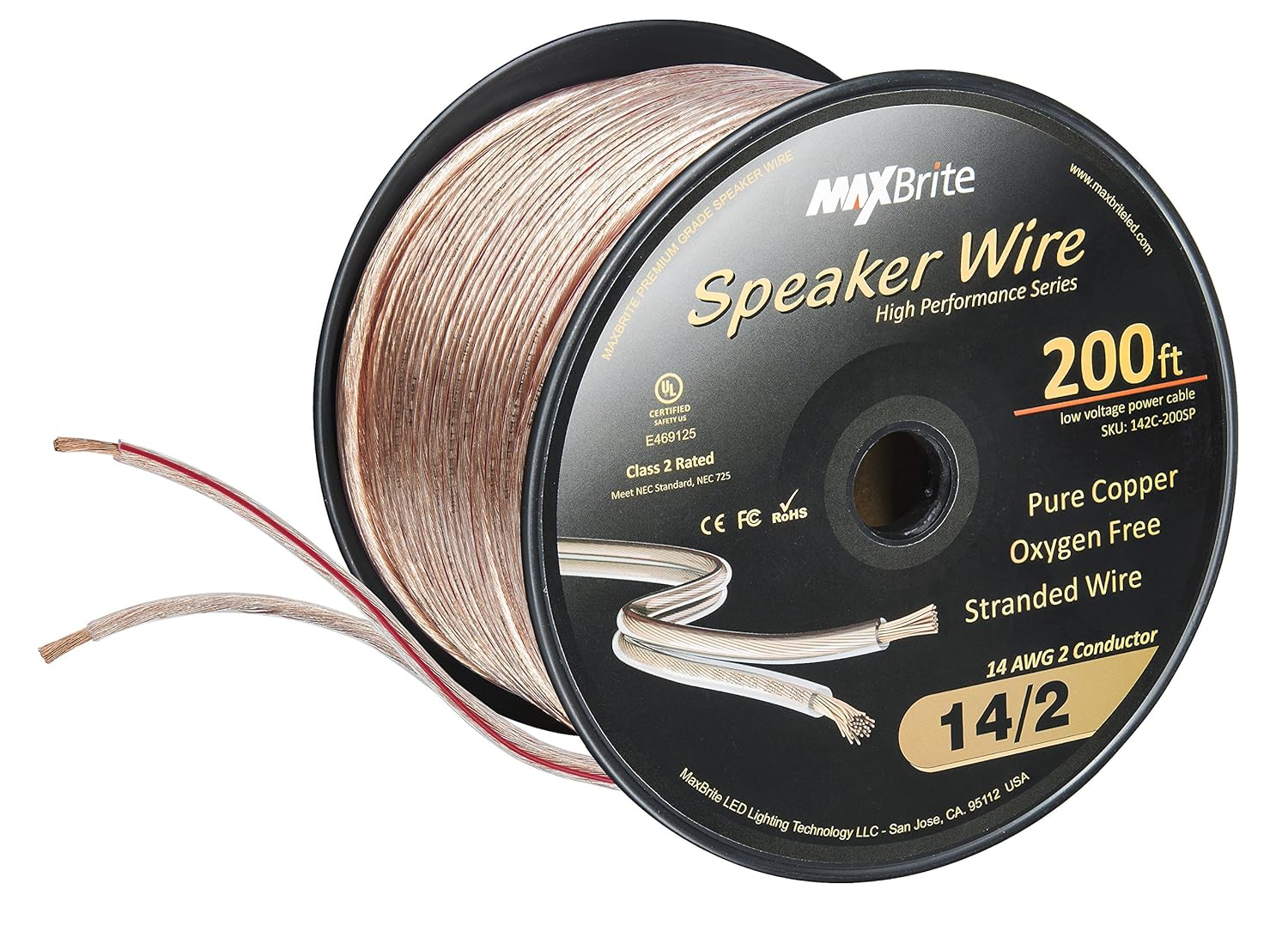 High Performance 14 Gauge Speaker Wire, Oxygen Free Pure Copper - UL Listed Class 2 (200 Feet Spool)