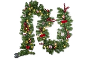 FUNPENY 9 FT Artificial Christmas Garland, Pre-Lit 50 LED Battery Operated Lighted Xmas Garland with 8 Modes for Indoor Holiday Door Home Decorations (Red)