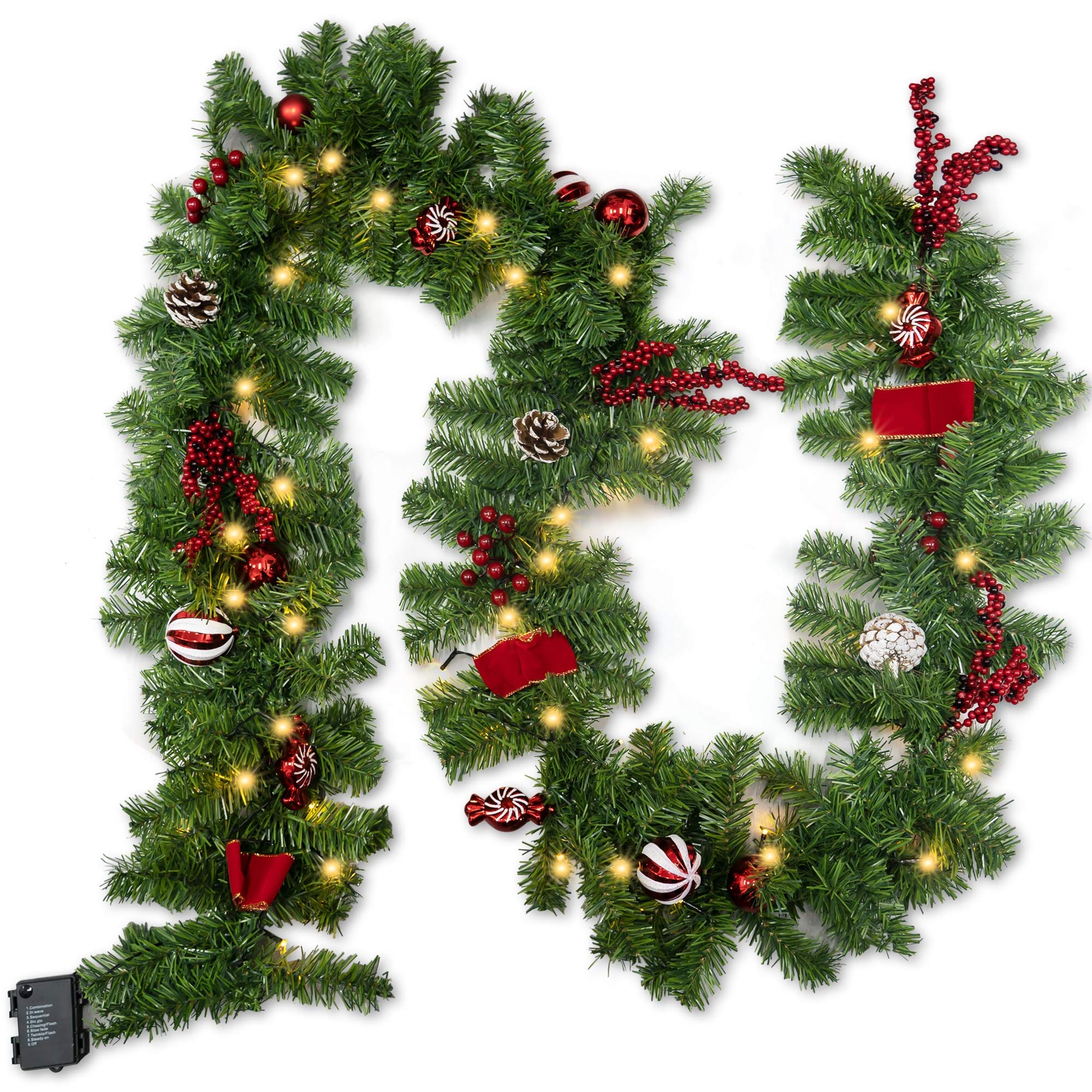 Photo 1 of FUNPENY 9 FT Artificial Christmas Garland, Pre-Lit 50 LED Battery Operated Lighted Xmas Garland with 8 Modes for Indoor Holiday Door Home Decorations (Red)