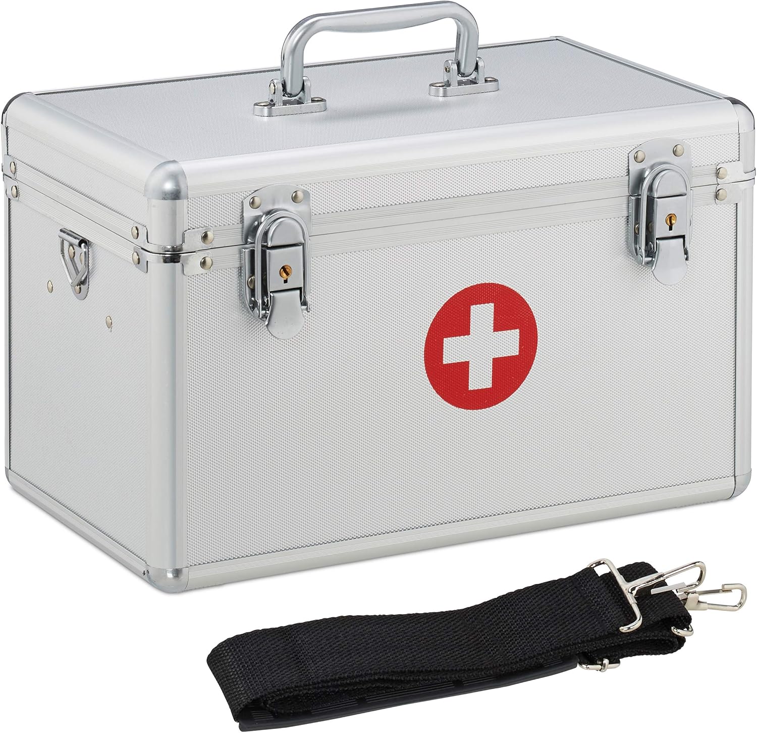 Relaxdays First Aid, Aluminium Medic Kit Case with Carry Strap Empty Emergency Box HWD: 19x32x20 cm, Silver, Metal, 19 x 32 x 20 cm: Kitchen & Dining