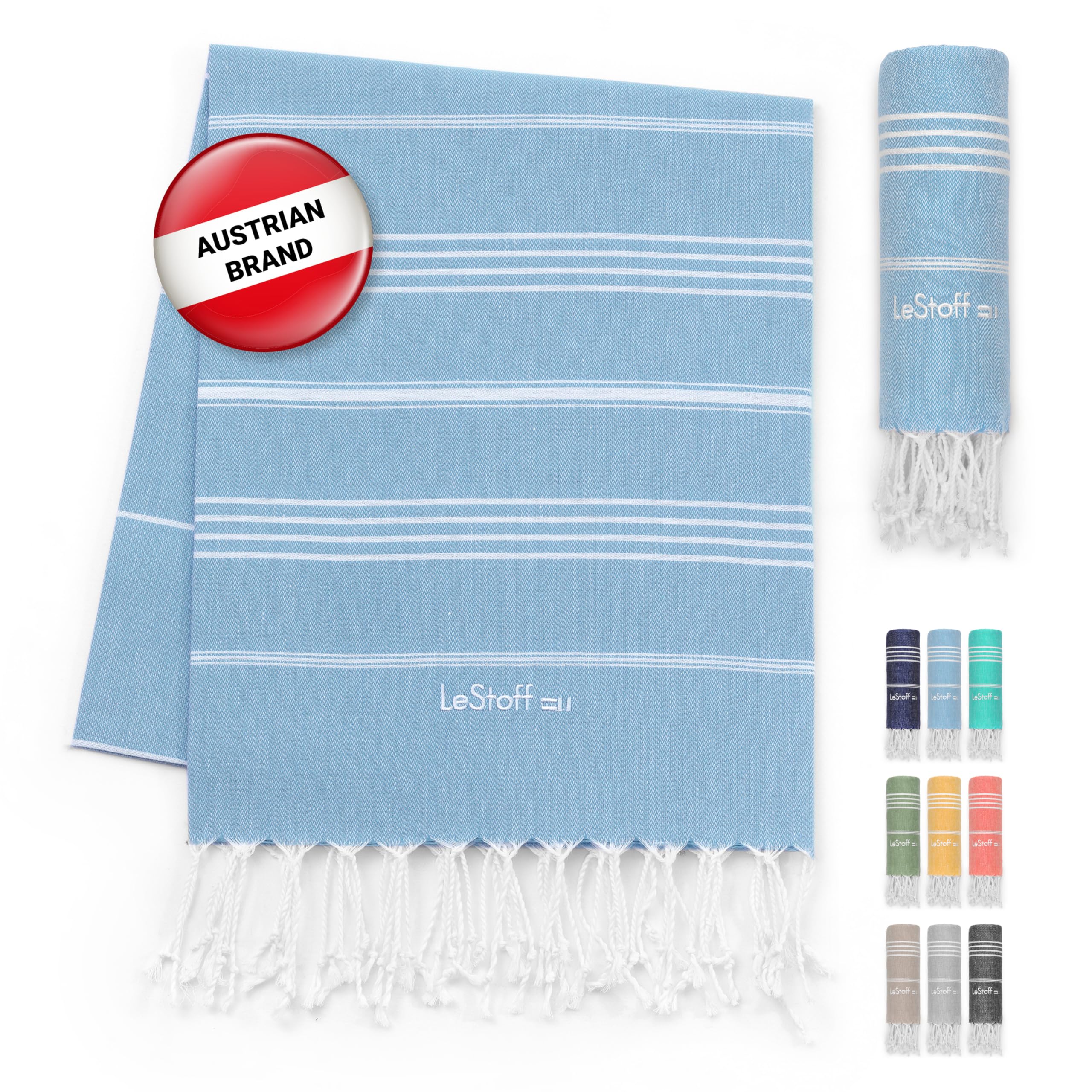 LeStoff Premium Hammam Towel - 100% Organic Cotton - Pre-washed Sustainable Absorbent & Quick-drying - Beach, Bath, Shower, Yoga, Spa & Travel Towel (200 x 200 cm Light Blue)