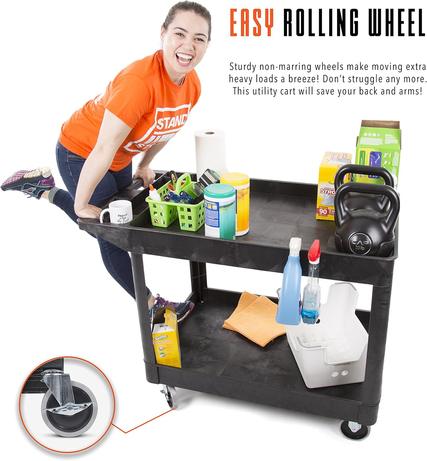 Stand Steady Original Tubstr Extra Large Utility Cart - Heavy Duty Tub Cart Holds up to 500 Pounds - 2 Shelf, Huge Rolling Cart - Great for Warehouse, Garage and More (45.5 x 24.5 / Black): Furniture & Decor