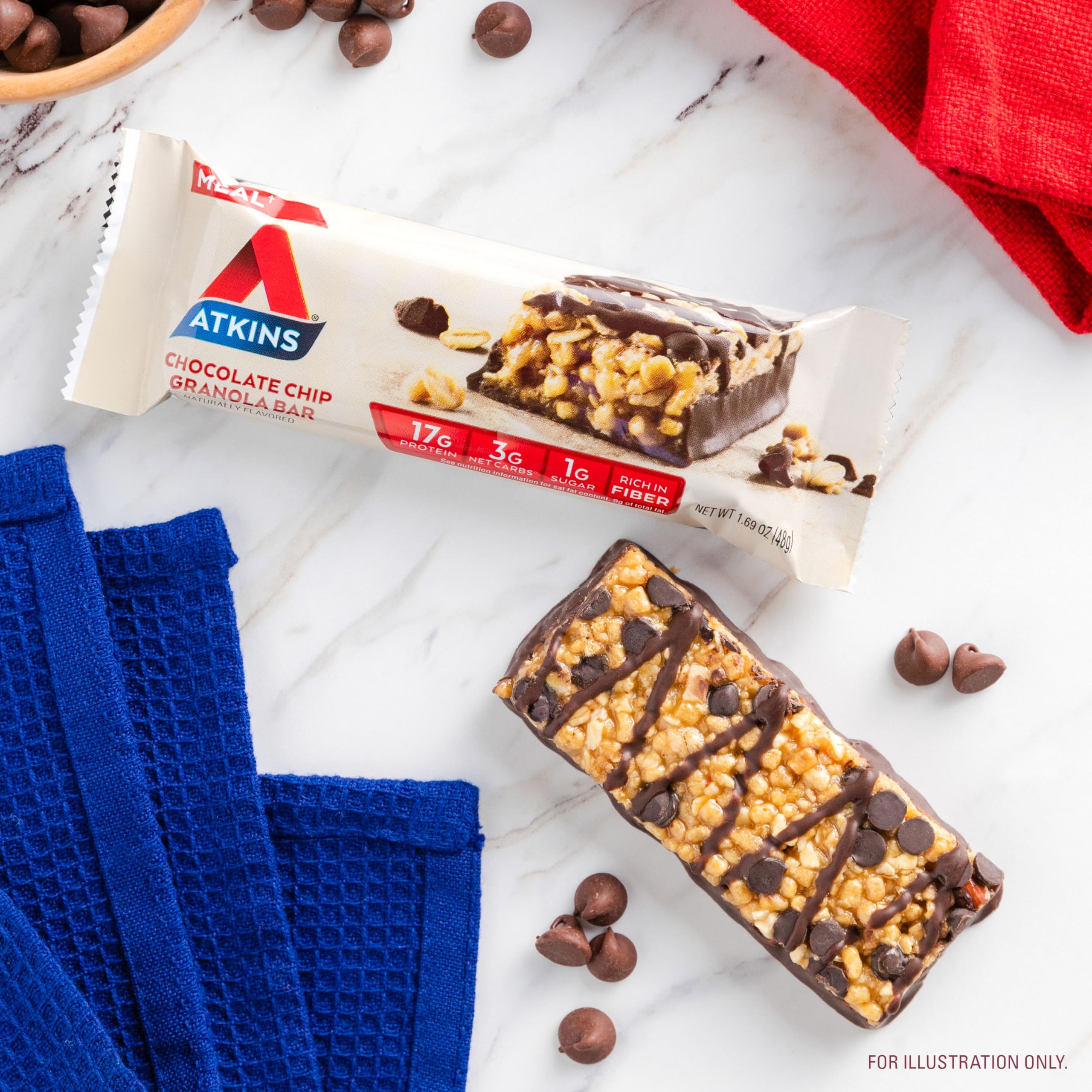 Atkins Chocolate Chip Granola Protein Meal Bar, High Fiber, 17g Protein