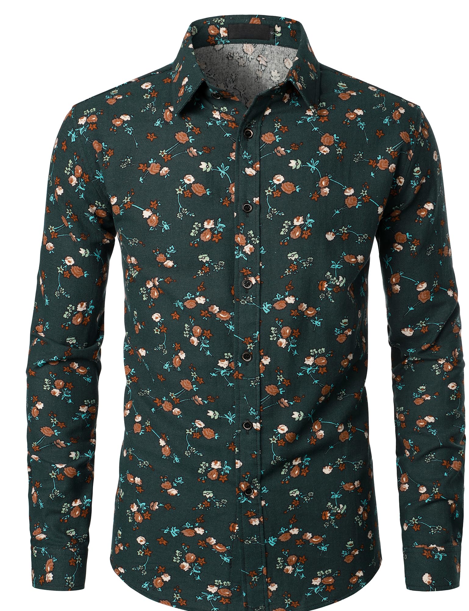 Photo 1 of PARKLEES Men's Linen 70s Hippie Traditional Style Pattern Printed Long Sleeve Button up Shirt Dark Green XX-Large