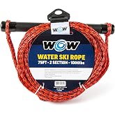 Wow Sports 75 ft Water Ski Rope - 2-Section - UV Treated - Floating Handle | A tow rope for wakeboarding, water skiing, and wakesurfing. 1,000-lb break strength.