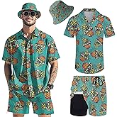 Hawaiian MenS 2 Piece Outfits Rave Duck Shirts Shorts Outfits Tropical Set with Hat