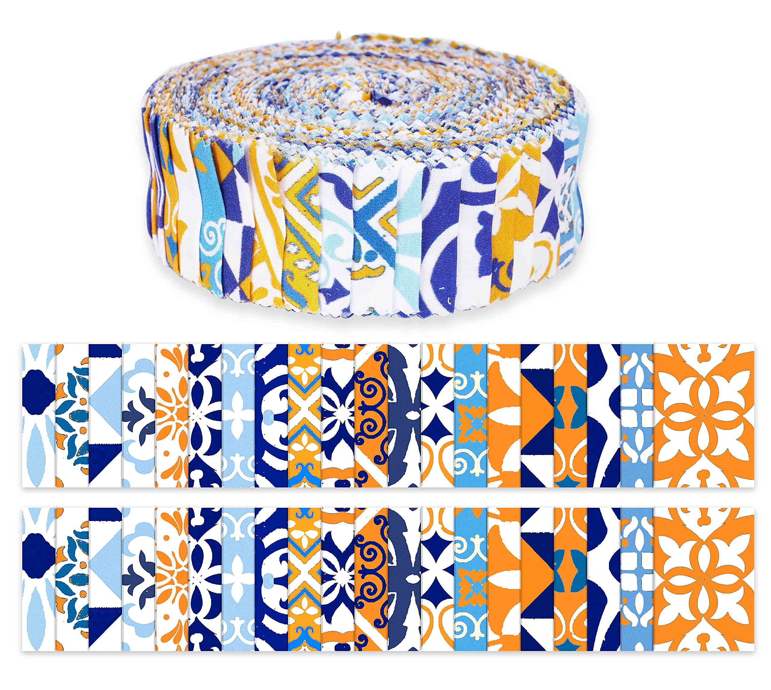 Soimoi 40Pcs Moroccan Print Precut Fabrics Strips Roll Up 1.5 inches Cotton Jelly Rolls for Quilting - Blue & Orange