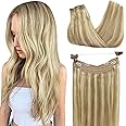 GOO GOO Wire Hair Extensions Human Hair, 16/22 Light Blondewith mix Golden Blonde Highlighted 18inch 95g, Invisible Wire Hair Extensions with Transparent, Seamless Fish Line Hairpiece