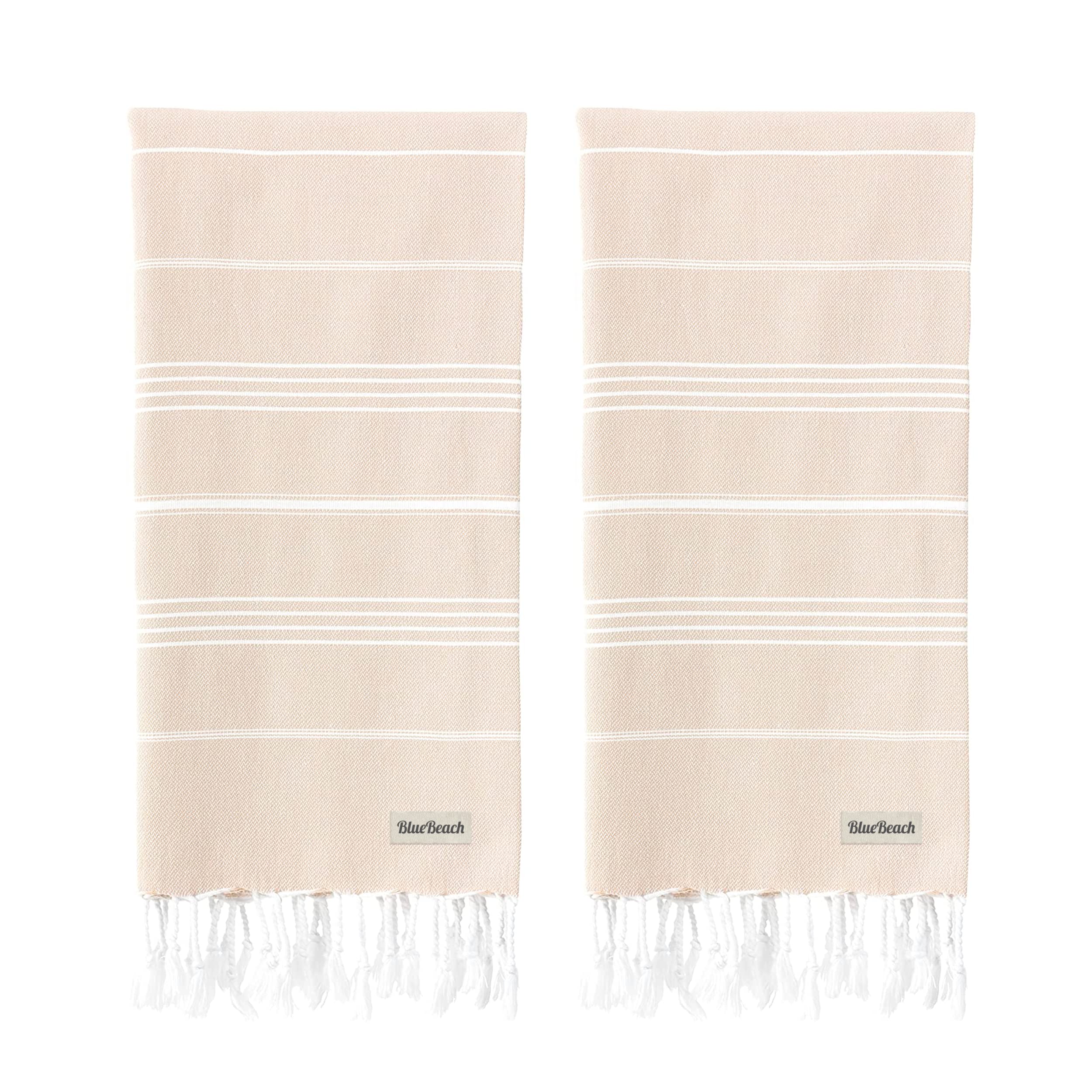 Blue Beach Turkish Towel - Set of 2-100x180cm Large Turkish Hammam Peshtemal Towel - Super Absorbent, Quick Dry, Lightweight, Compact Towels for Swimming, Bath, Gym and Travel (Beige)