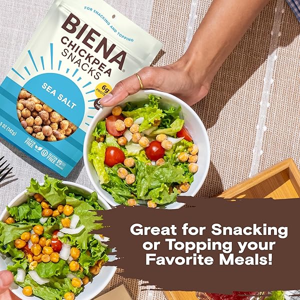 BIENA CHICKPEA SNACKS – CRUNCHY ROASTED CHICKPEAS – HIGH FIBER VEGAN PROTEIN SNACKS FOR ADULTS AND KIDS – 4-PACK, 5 OUNCE BAGS – SEA SALT