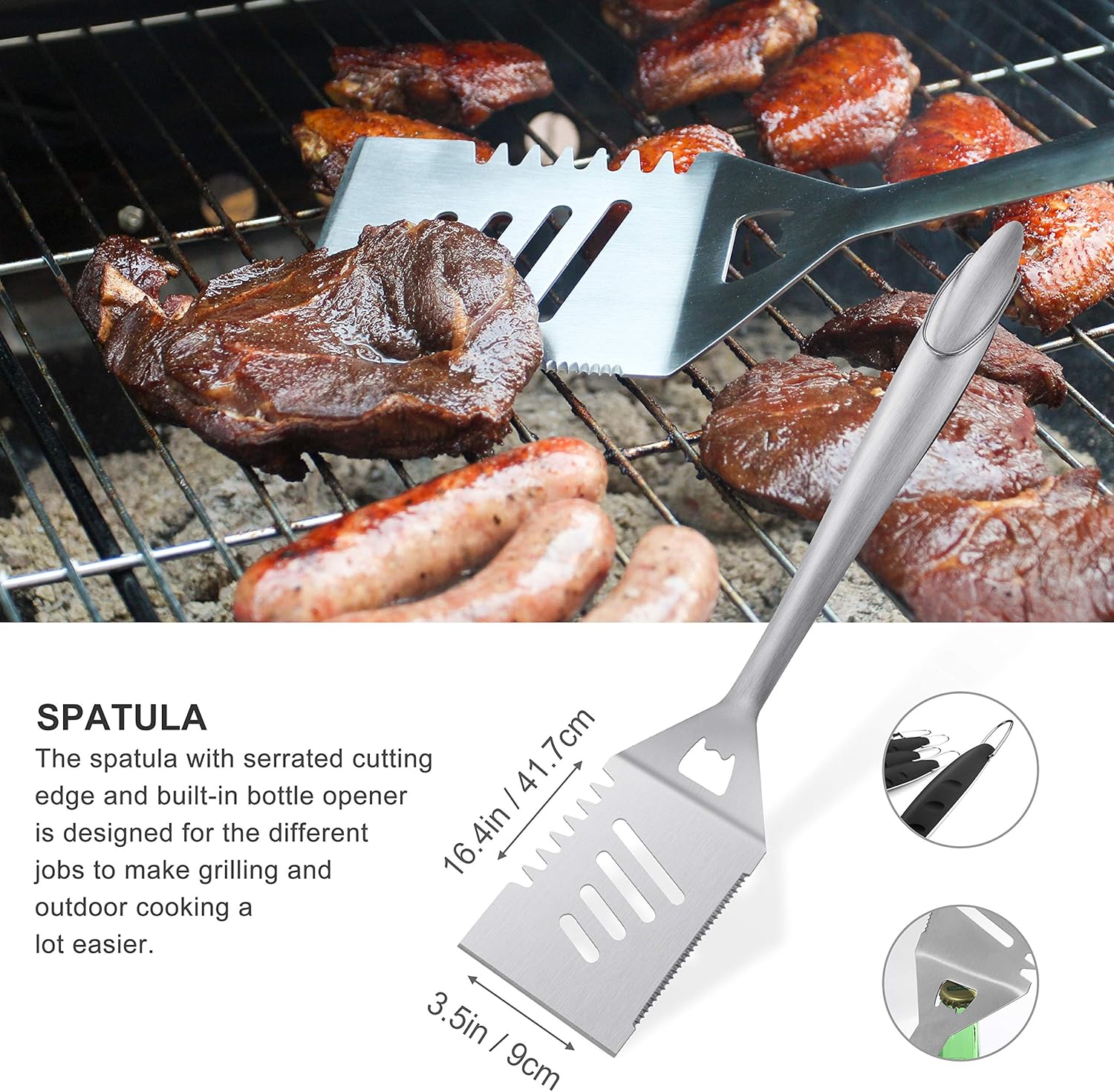 grilljoy 6PCS Heavy Duty BBQ Grill Tools Set - Extra Thick Stainless Steel Spatula, Fork, Tongs & Cleaning Brush - Complete Barbecue Accessories Kit with Portable Bag - Perfect Grilling Tool Set Gift : Garden & Outdoor