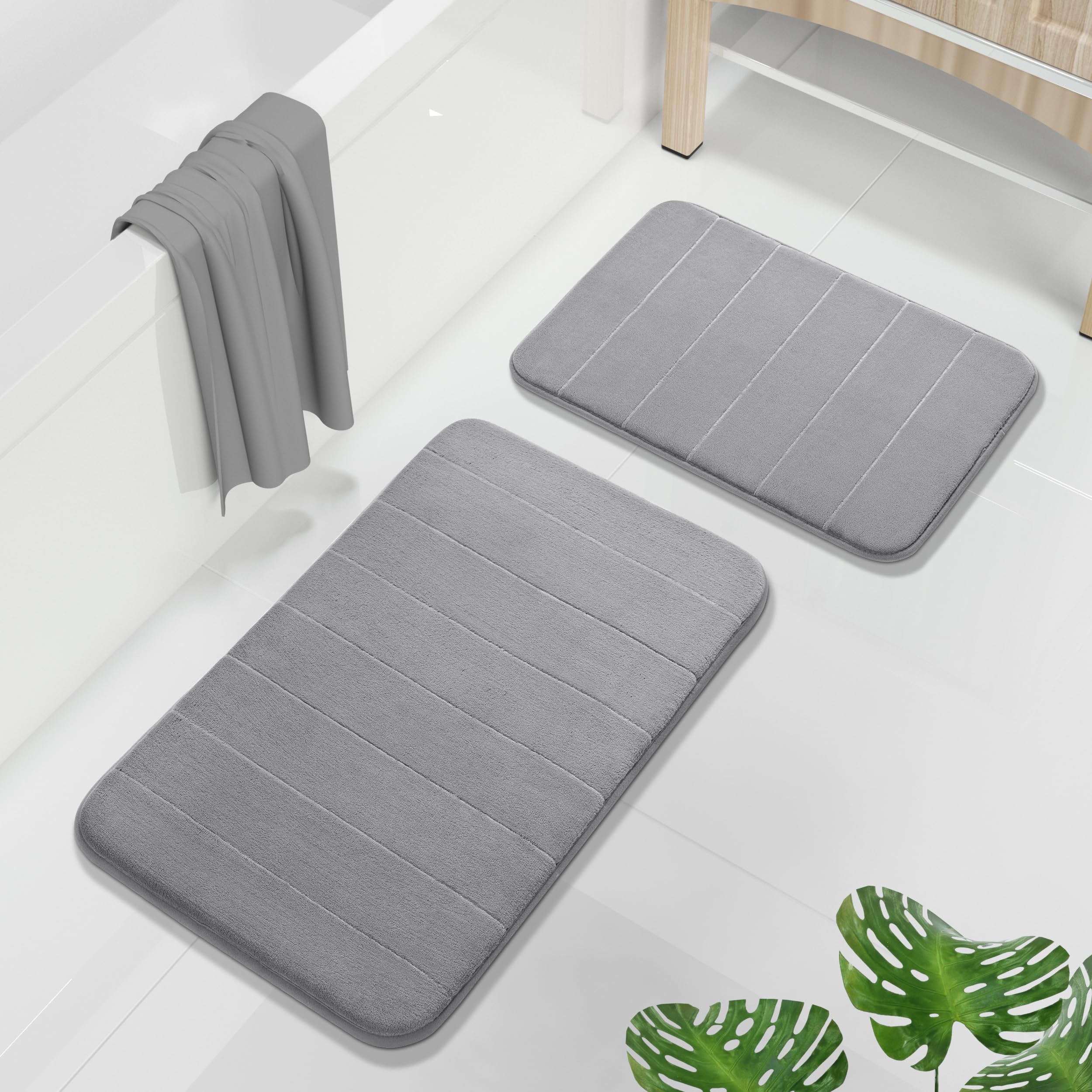 Photo 1 of Yimobra Memory Foam Bathroom Rugs Sets 2 Piece - Super Soft Absorbent Quick Dry Bath Mat Set, Machine Washable Non Slip Floor Carpet for Tub Shower & Single Sink (17x24 & 31.5x20 Inch, Gray)