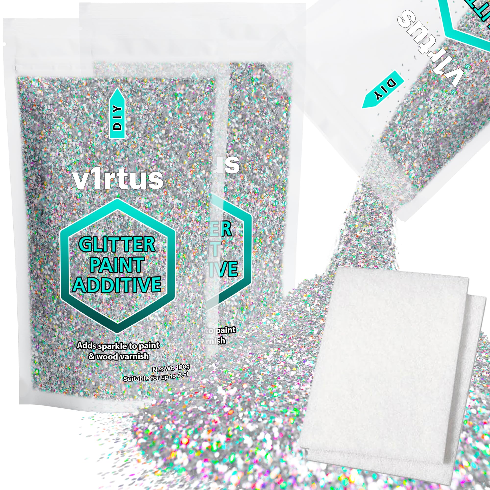 Silver Holographic Glitter Paint Additive 200g with 2X Buffing Pads | Additive for Glitter Paint Walls, Add to Interior & Exterior Paint, Emulsion, Varnish | v1rtus