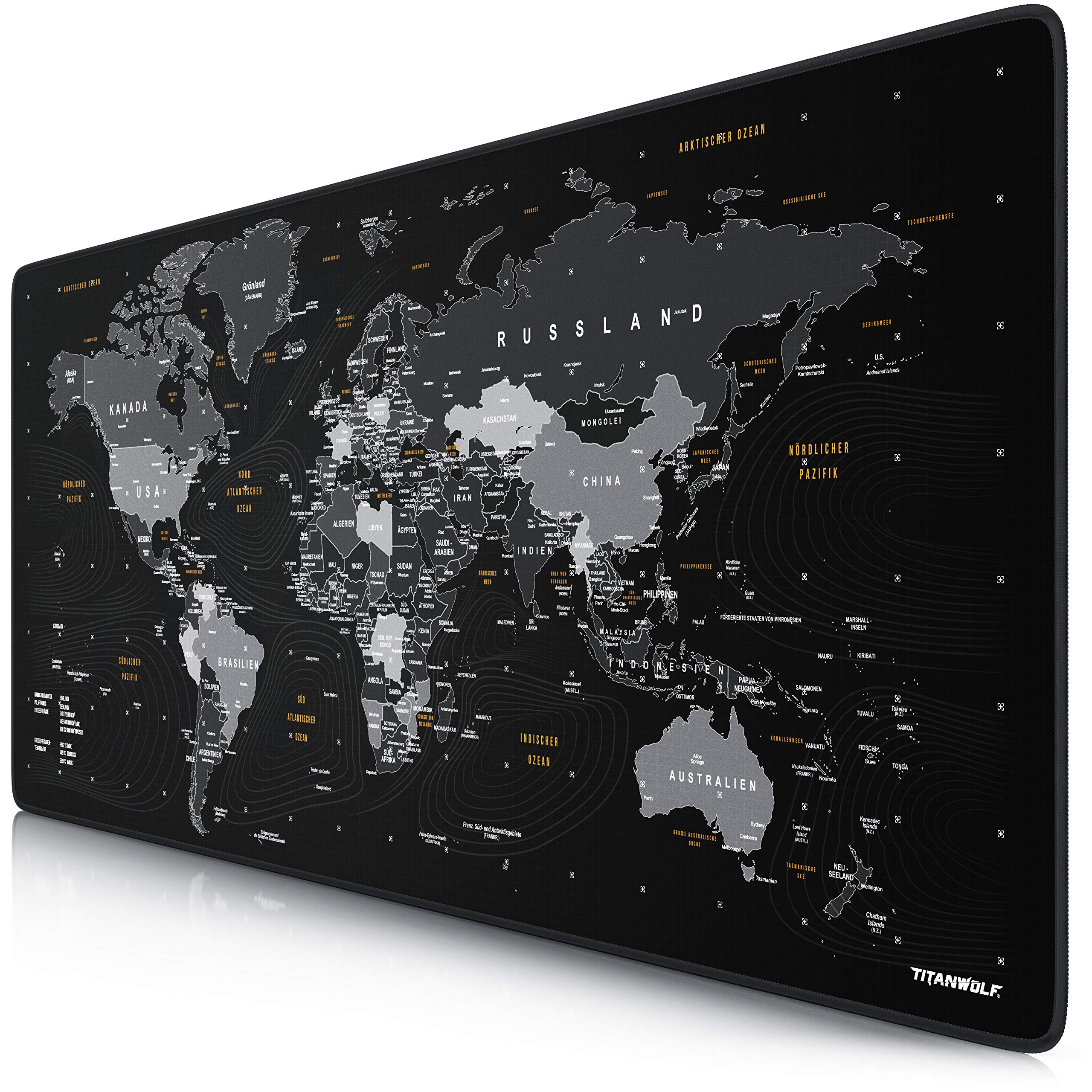 Titanwolf – German Layout – Titanwolf XXL Gaming Mouse Mat 900 x 400 x 3 mm – Desk Mat Large – XXL Mouse Mat Gaming and Office – World Map Black