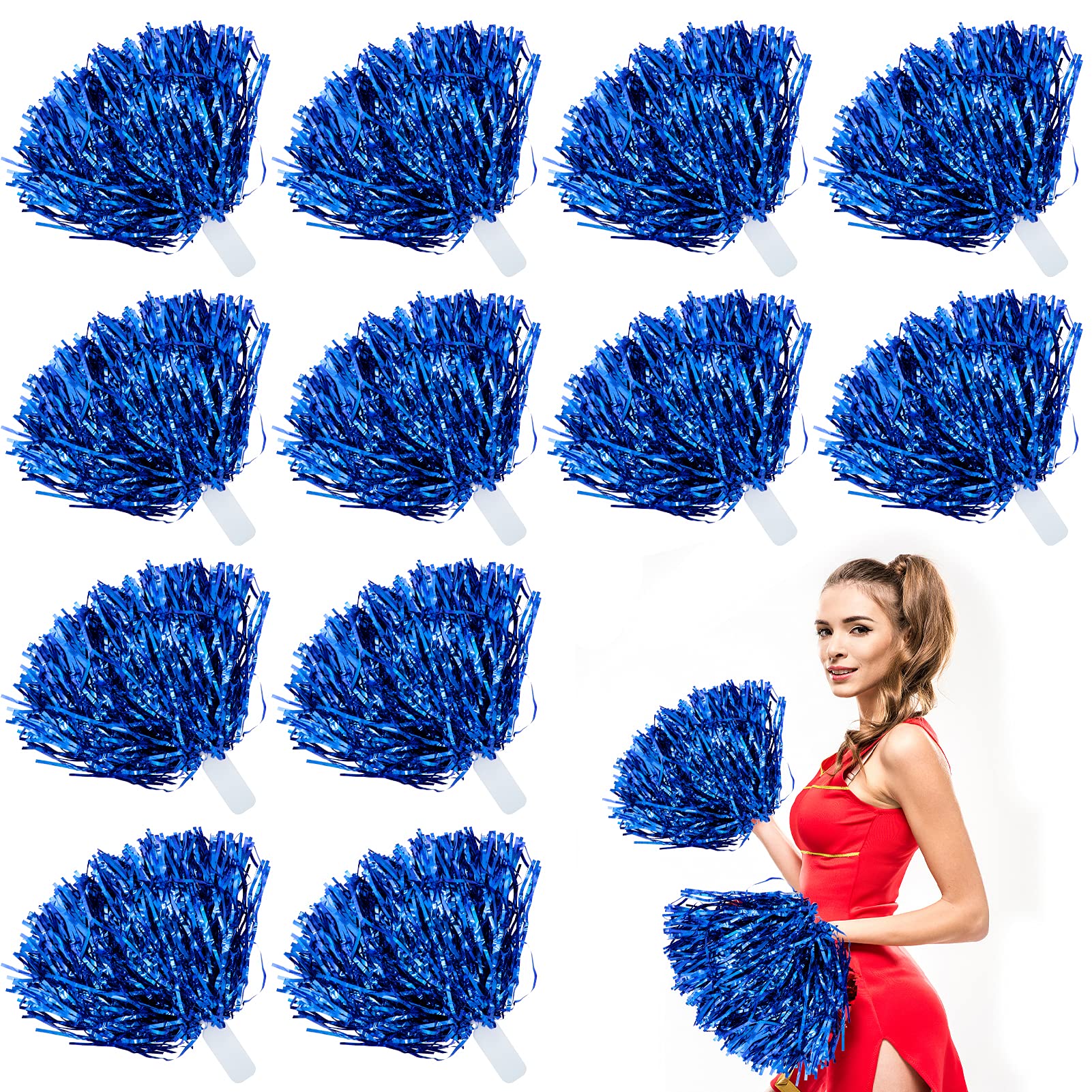 JC-Houser 12Pcs Metallic Cheerleading Pom Poms with Cozy Handle, Adorable Cheerleader Pompoms Hand Flowers for Kids Adults Ball Dance Sports Team Spirit Cheering Fancy Dress Night Party (Blue)