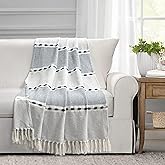 Lush Decor Herringbone Stripe Woven Tassel Yarn Dyed Cotton Tassel Throw Blanket 50" W x 60" L Navy & White - Striped Throw Blankets - Blue Couch Blanket