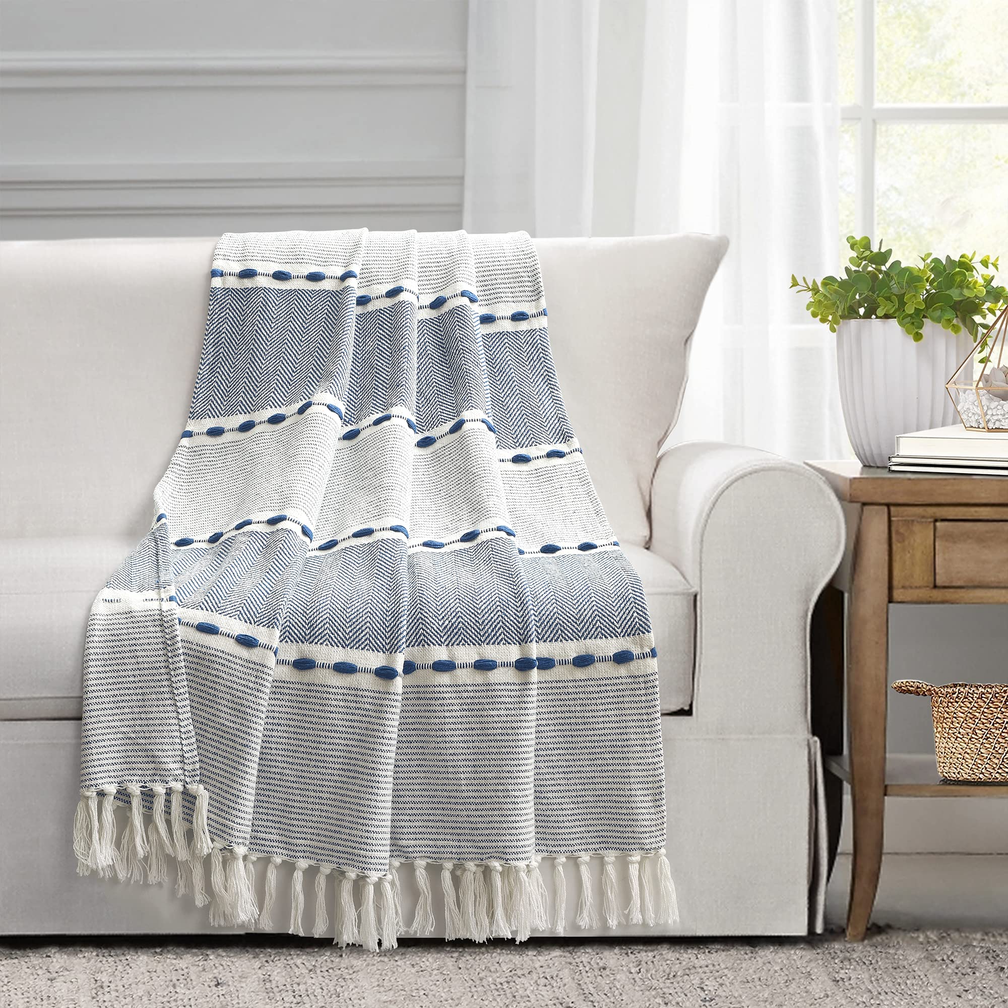 Photo 1 of Lush Decor - Throw, Soft Cotton Woven Tassel Blanket, Ideal for Couch, Bed, or Chair (Herringbone Stripe Navy, 50" x 60")