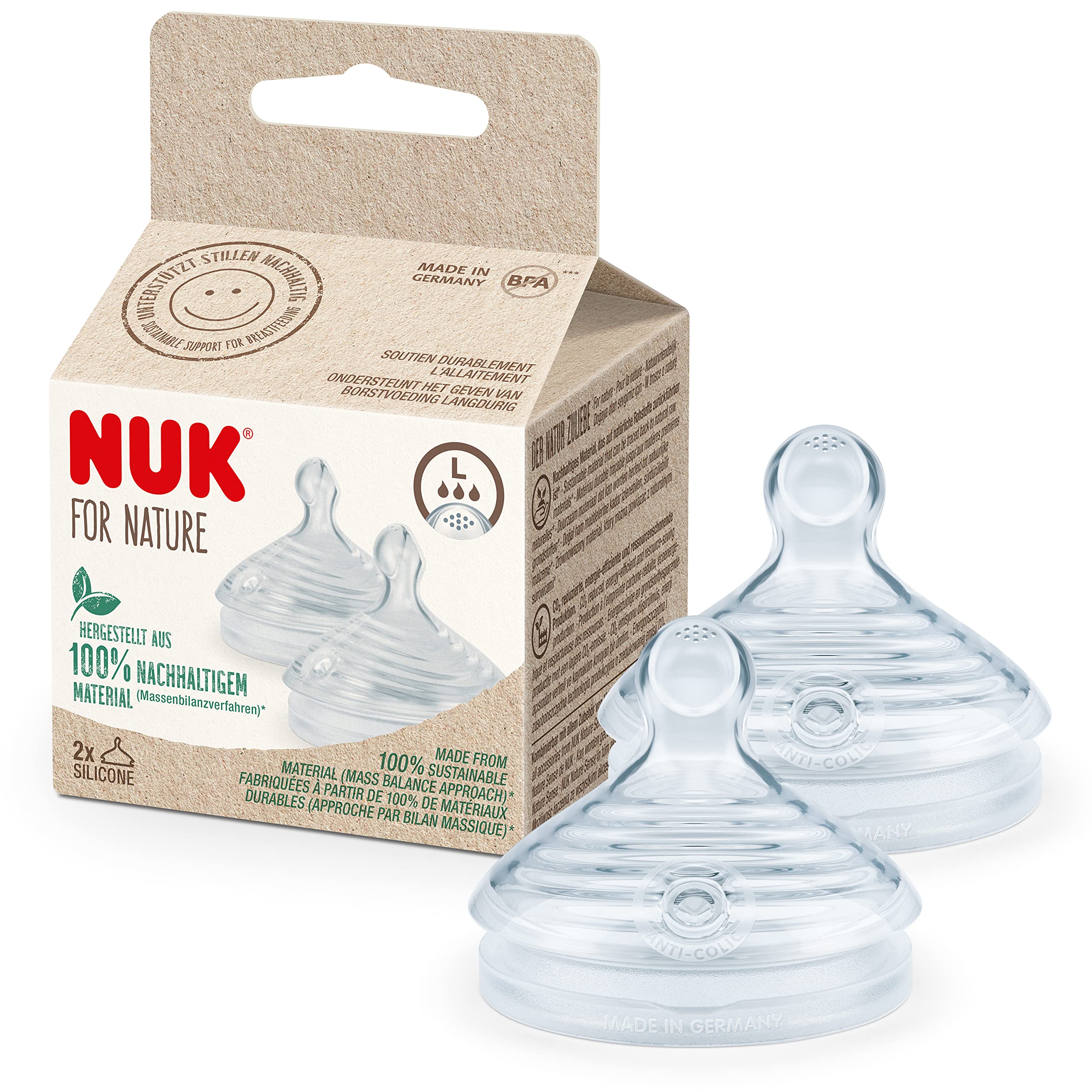 NUK for Nature Replacement Baby Bottle Teats | Large | Breast-Like Silicone with Anti Colic Vent | Sustainable, BPA-Free Materials | 2 Count