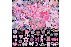 Kikonoke 3D Cute Nail Charms, 100 Pieces Rabbit Butterfly Flower Bow Nail Art Charms Mixed Flatback Nail Rhinestones Pearls and Nail Glitter As Gift, Resin Charms for Nails Design DIY Crafts (Pink)
