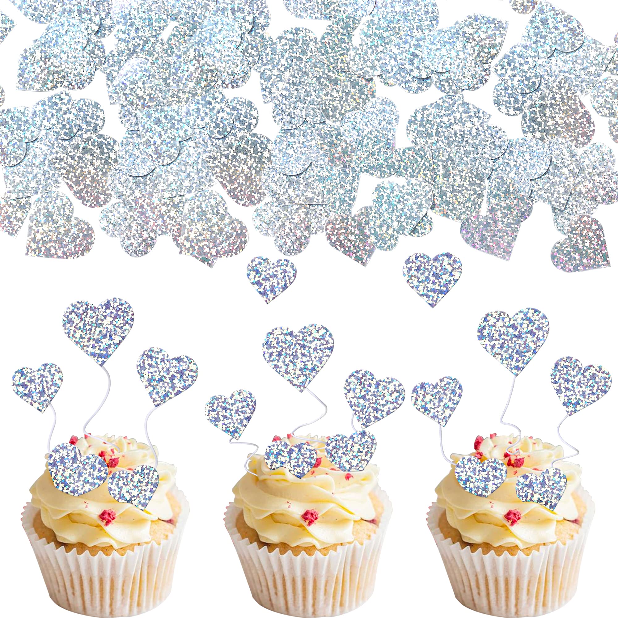 Xsstarmi 40 Pack Love Heart Cupcake Toppers Glitter Wedding Engagement Heart Cupcake Picks for Valentine's Day Theme Bridal Shower Anniversary Party Supplies Cake Decorations Dot Silver